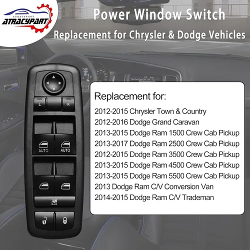 Vista 4 de Interruptor maestro de ventana eléctrica 3 pines + 9 pines requiere verificación Reemplazo para Dodge Ram 2012 – 2017, Grand Caravan, Chrysler