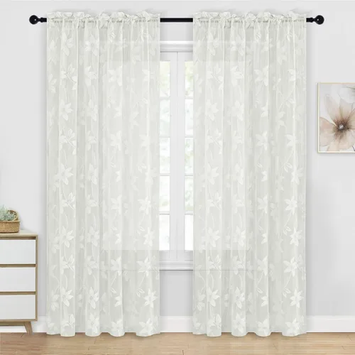 Vista 51 de DWCN Cortinas traslúcidas para cocina, bolsillo para barra de encaje floral beige, 52 x 36 pulgadas, 2 paneles Encaje Beige