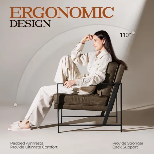 Vista 5 de Yaheetech Sillón de piel sintética, silla retro de ocio con acolchado y cojín extrasuave, moderna silla de lectura con marco de metal negro