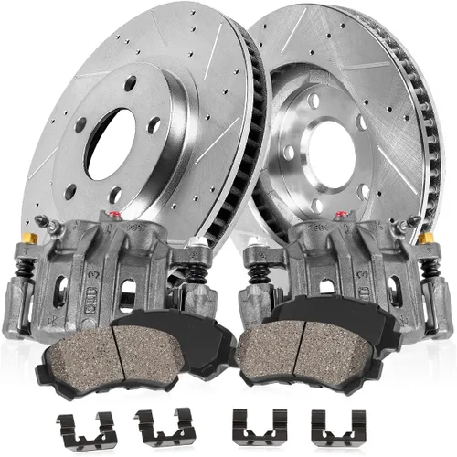 Callahan BRAKE PARTS Kit de freno delantero para Jeep Grand Cherokee 1999-2004, rotores de freno de disco perforados y ranurados, pinzas de freno de