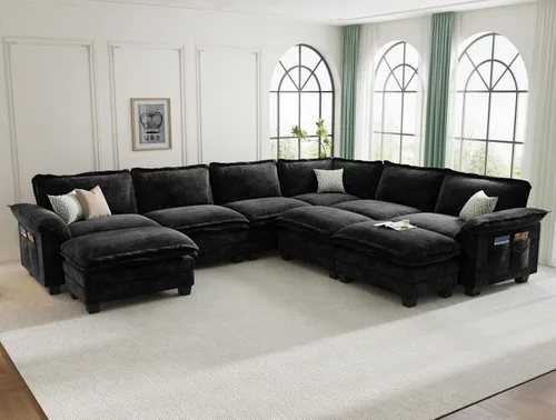 Vista 42 de KKL Sofá cama modular seccional, sofá de nube de 4 plazas con otomana, sofás seccionales de felpilla para sala de estar, apartamento, beige