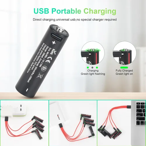 Vista 2 de Soshine Baterías recargables AA de litio – Batería AA USB C de 1.5 V 3500 mWh que carga 2 horas, con cable de carga USB-C 4 en 1, paquete de 4