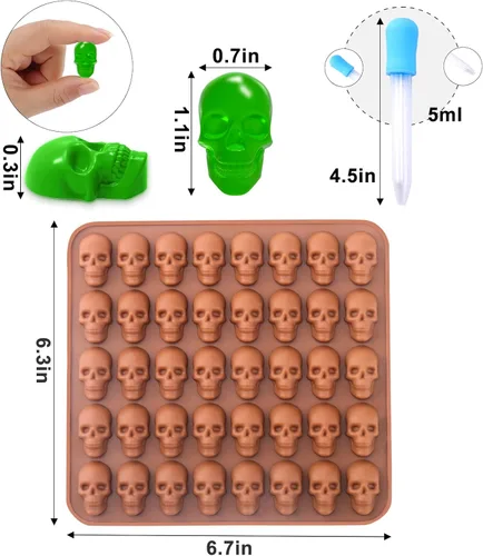 Vista 2 de BUSOHA Moldes de silicona para caramelos de calavera gomosa, paquete de 2 moldes de silicona antiadherentes de 40 cavidades con 1 cuentagotas