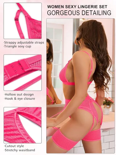 Vista 2 de popiv Lencería de liguero de 4 piezas para mujer, lencería sexy recortada, conjunto de lencería de malla a juego