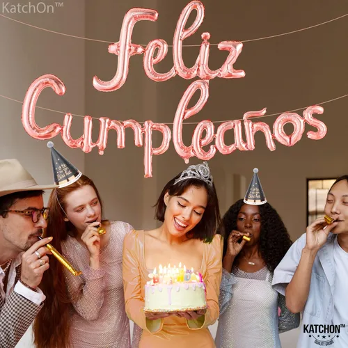 Vista 3 de KatchOn, Cartel de globos de feliz cumpleaños de oro rosa – 16 pulgadas Globos de feliz cumpleaños para decoraciones de feliz cumpleaños Globos