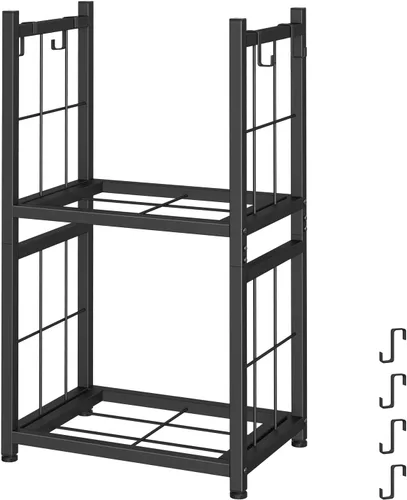 Vista 8 de Estante de leña para interiores, portátil, de 2 niveles, construcción resistente y fácil de montar, estante para leña al aire libre con 4 ganchos