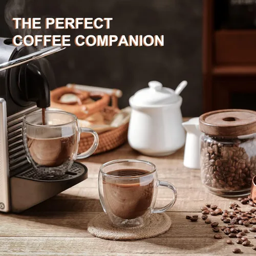 Vista 6 de KitchenTour - Taza de café aislada de 6 onzas, taza de café de vidrio de doble pared con asa, juego de 4 vasos de vidrio transparente para expreso