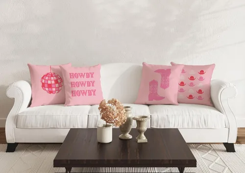 Vista 5 de Juego de 4 fundas de almohada decorativas de 18 x 18 pulgadas, color rosa intenso, con diseño de vaquera occidental, diseño de bola de discoteca
