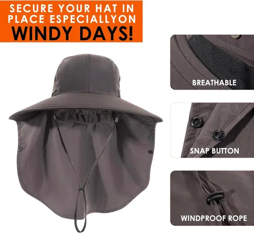 Vista 3 de Sombrero de pesca para hombre y mujer, sombrero de sol de ala ancha UPF 50+ con cubierta facial y solapa para el cuello
