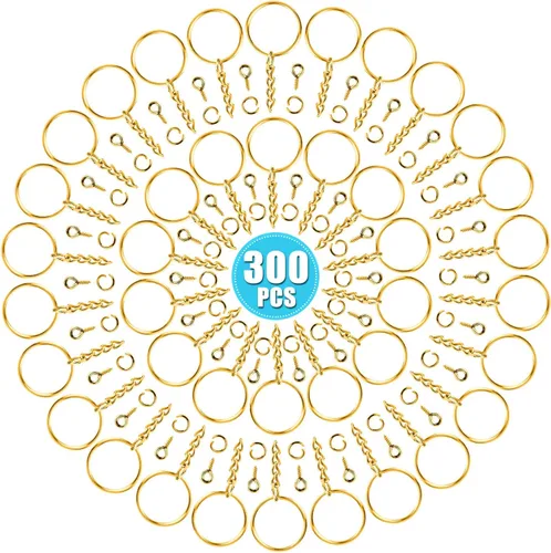 PAXCOO - Kit de anillos para manualidades dorados, incluye 100 llaveros divididos con cadena, 100 anillos de salto y 100 pines de ojo de tornillo