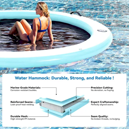 Vista 86 de Muelle flotante inflable redondo de 6 a 12 pies, anillo de flotador Sunchill, hamaca de agua para broncear flotadores de piscina con tela tejida