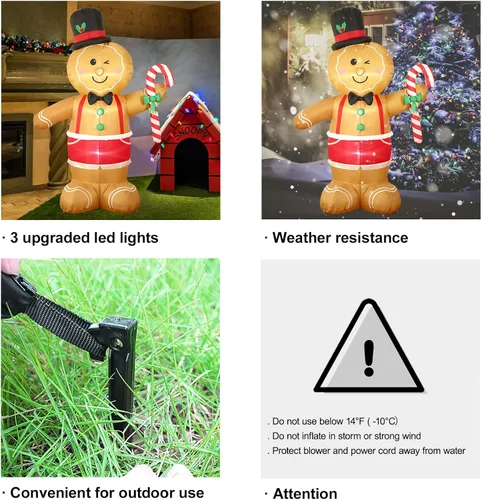 Vista 4 de Fanshunlite Hombre de jengibre inflable de Navidad de 8 pies con bastón de caramelo y luz LED, iluminado para decoración de césped de patio al aire