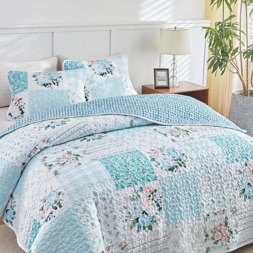 Vista 5 de Joyreap Juego de Edredón de Retazos Florales de 2 Piezas Tamaño Individual, Diseño de Flores Azules y Blancas, Edredón de Microfibra Suave