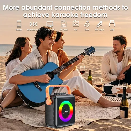 Vista 2 de Máquina de karaoke, altavoz Bluetooth portátil de 8000 mAh con 2 micrófonos inalámbricos para adultos y niños, juego de altavoces de micrófono