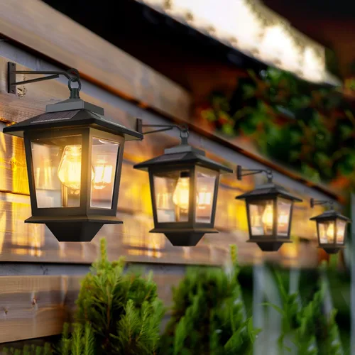 Vista 9 de PASAMIC Paquete de 2 faroles solares de pared con bombilla reemplazable, luces colgantes al aire libre con 4 paneles solares, aplique de pared LED