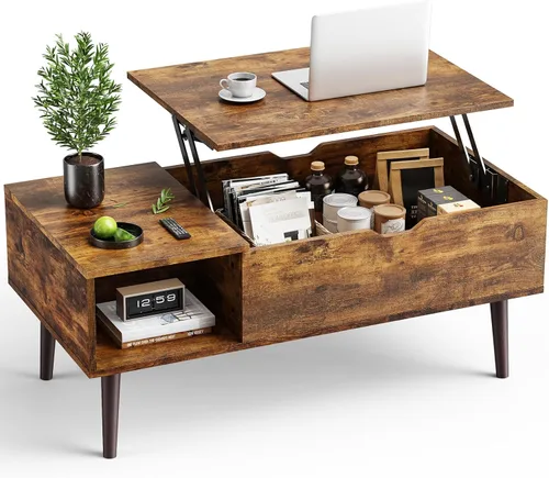 Vista 10 de OLIXIS Mesa de Centro de Café de Madera con Tapa Elevable con Compartimento Oculto y Estante de Almacenamiento Grande, Mesa de Comedor Central