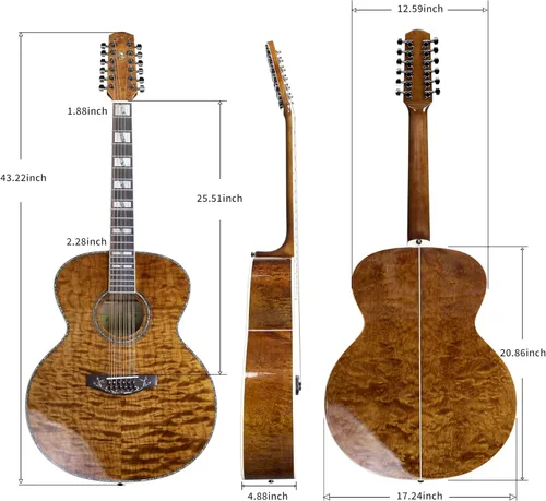 Vista 2 de TARIO 12 Cuerdas Acústica Jumbo Cuerpo Guitarra Acolchado Cuerpo Arce Cuello Natural