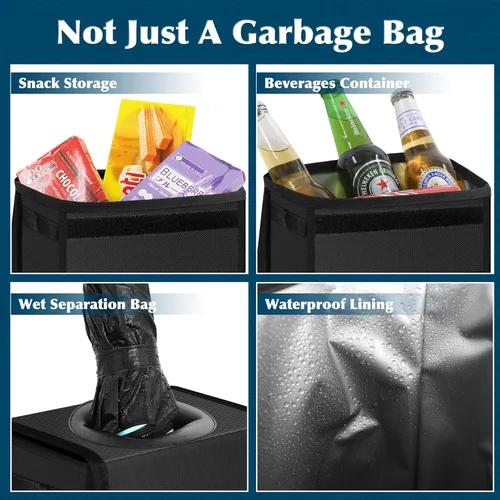 Vista 4 de Basurero para automóvil, bolsa de basura impermeable, con tapa, para asiento delantero de SUV, multiusos, para colgar en reposacabezas, plegable