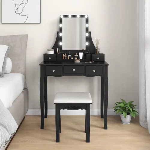 Vista 2 de CHARMAID Escritorio de tocador con espejo y luces, mesa de tocador de maquillaje con 5 cajones de almacenamiento, 3 modos de iluminación