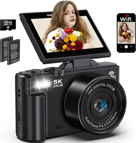 Cámara digital 5K para fotografía, cámara WiFi de 75 MP para YouTube con pantalla abatible de 180° de 3 pulgadas, cámara de video de enfoque