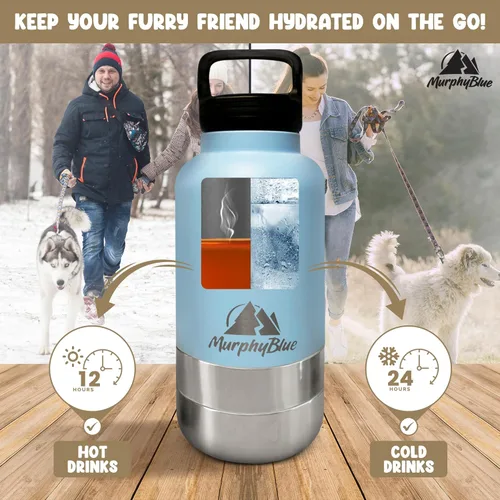 Vista 6 de MurphyBlue Botella de agua para perros 32 onzas de acero inoxidable aislado de capacidad, tapa con mosquetón integrado, cuencos desmontables