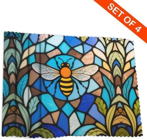 Vista 4 de Rectangular Placemats Set of 4, Heat Resistant Bee Printed Kitchen Dining Table Mats