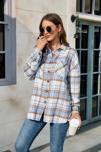 Vista 6 de Chaqueta a cuadros con solapa para mujer, con bolsillo, manga larga, casual, con botones, chaqueta para exteriores