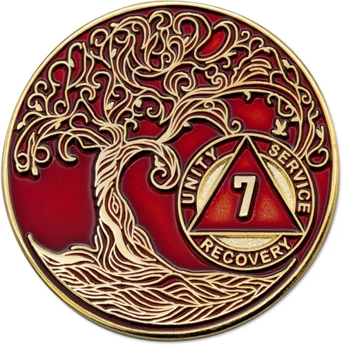 Vista 194 de 1 año Sobriety Mint Twisted Tree of Life Medallón de recuperación AA chapado en oro, chip/ficha - negro