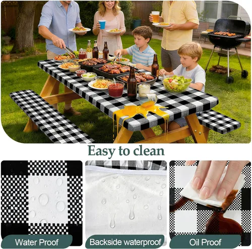 Vista 5 de Funda de mesa de picnic con fundas para bancos Esenciales de camping Mantel de picnic impermeable y a prueba de viento con bolsa de cordón, funda