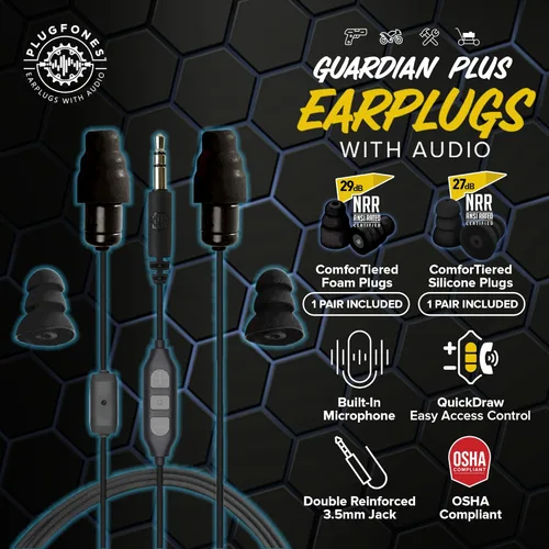 Vista 2 de Plugfones Guardian Plus - Auriculares intrauditivos híbridos con reducción de ruido con micrófono de aislamiento de ruido y controles (negro)