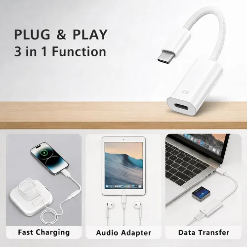 Vista 3 de Adaptador de audio de auriculares USB-C a iPhone, iPad, convertidor de auriculares 3 en 1, carga + transferencia de datos + audio de alta fidelidad