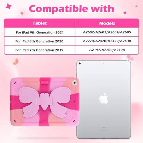 Vista 2 de VOFUOE Funda para iPad de 9ª/8ª/7ª generación para niños y niñas, con soporte de lazo dulce, correa para el hombro, soporte para lápices, funda