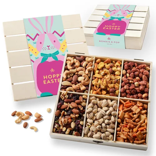 Vista 8 de Bonnie & Pop- Cesta de regalo de frutos secos, en caja de madera reutilizable, opción de regalo saludable, caja de aperitivos gourmet, con sabores