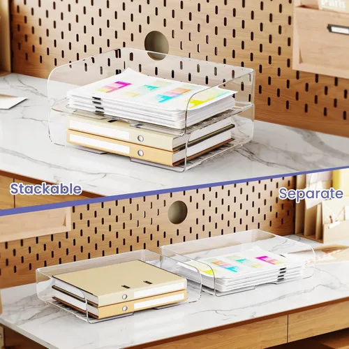 Vista 3 de Tomorotec Juego de bandejas para cartas de escritorio, tamaño A4, organizador de documentos apilable de PET transparente, soporte de papel