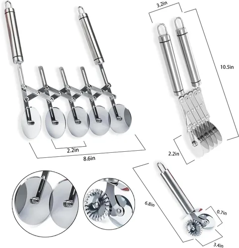 Vista 2 de Cortador de pastelería de 5 ruedas, 2 piezas multifuncionales de pasta con mango para hornear, corte de pizza, división de galletas, cortador