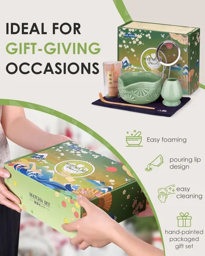 Vista 7 de Juego de batidor de matcha, juego de matcha de cerámica incluye cuenco de matcha con boquilla, batidor de matcha y soporte, cuchara de bambú, tamiz