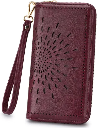 Vista 9 de APHISON Billetera para mujer, gran capacidad, monedero, tarjetero, RFID, pulsera, teléfono, cremallera, moneda, bolsillo de viaje azul
