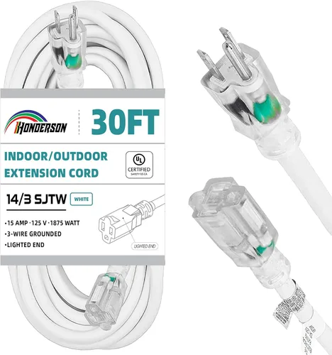 Vista 12 de Cable de extensión iluminado de 3 pies, cable de extensión blanco resistente SJTW 10/3 con enchufe de conexión a tierra de 3 clavijas para mayor