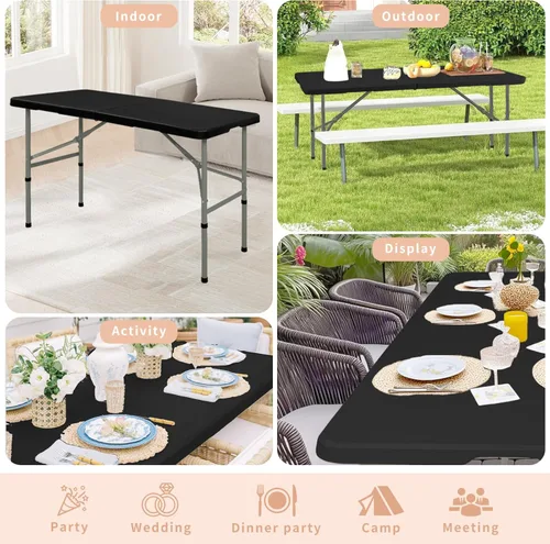 Vista 7 de Juego de 2 mesas plegables de 4 pies, mesa de camping portátil, de plástico resistente, rectangular, mesa de comedor al aire libre, patas de acero