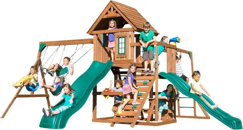 Swing-N-Slide WS 8354 Knightsbridge - Juego de columpio de madera con dos toboganes, juego de juego, barras de mono, pared de escalada, juego de