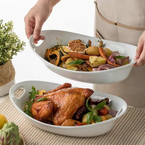 Vista 5 de YHOSSEUN Tazón grande para servir con asas, 1.5 cuartos de galón ovalado para pavo, platos de servir de Acción de Gracias para entretenimiento