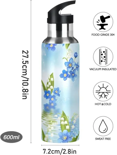 Vista 9 de Blue White Flowers Stainless Steel Water Bottle 20 Oz Leakproof Water Bottles, BPA-Free Sport Water Bottle Insulated