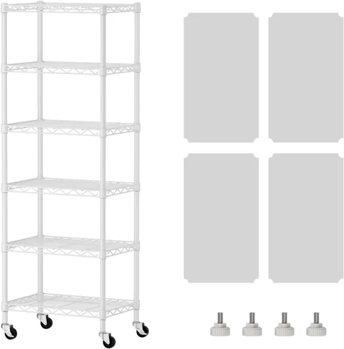Vista 21 de SINGAYE Estante de almacenamiento ajustable de 4 niveles con ruedas, estantería resistente, estantes de alambre para garaje, oficina, despensa