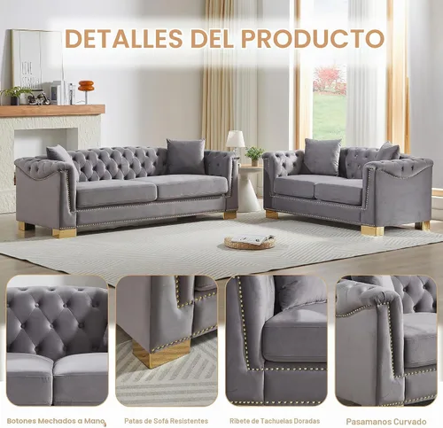 Vista 6 de Chesterfield - Juego de 2 sofás combinados de terciopelo de 3 plazas, 4 cojines clásicos de 6.5 pulgadas, brazo enrollado moderno adecuado para sala