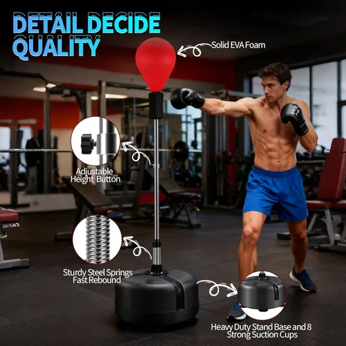 Vista 4 de Saco de boxeo con soporte, bolsa refleja con guantes de boxeo, bolsa de boxeo para adolescentes y adultos, altura ajustable, bolsa de velocidad