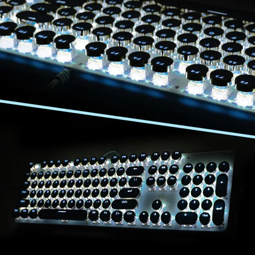 Vista 6 de Teclado mecánico para juegos estilo máquina de escribir, retroiluminado RGB, con cable con interruptor azul, teclas redondas retro, teclado de 104