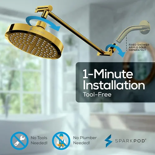 Vista 6 de SparkPod Cabezal de ducha redondo con brazo de extensión de cabezal de ducha, lluvia de alta presión, aspecto moderno de lujo, instalación de 1