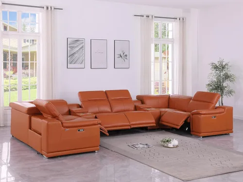 Vista 490 de BlackJack Furniture Venice - Sofá modular de cuero italiano de grano superior de 5 piezas con 3 reclinables eléctricos, reposacabezas ajustable