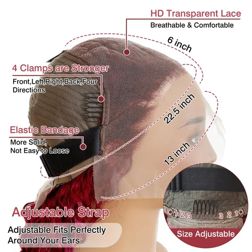 Vista 4 de Nsvnsv Peluca de cabello humano burdeos 99j borgoña de 13 x 6 pulgadas, pelucas de encaje frontal transparente HD de cabello humano prearrancado