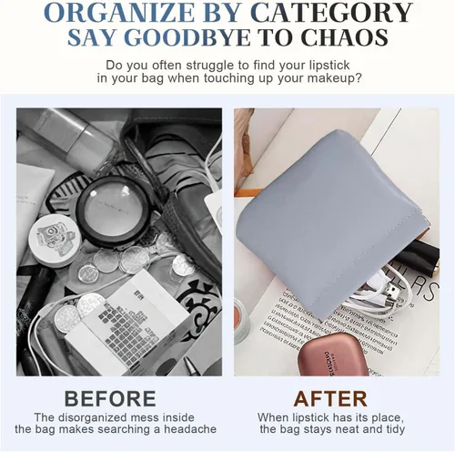 Vista 6 de 4 bolsas de cuero, mini bolsa de cosméticos con cierre automático, organizador de cuero con cierre a presión para bolso, accesorios de viaje